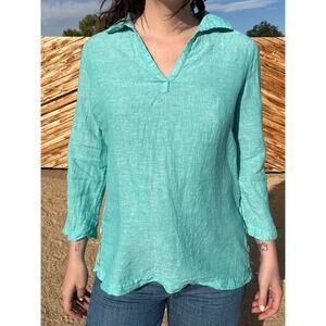 Tahari Turquoise Linen V-Neck Collared Blouse